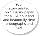 Your story printed on 130g silk paper for a luxurious feel and beautifully clear photographs and text